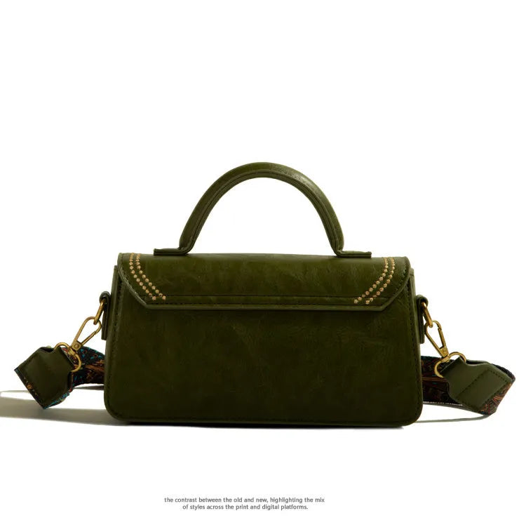 Brown retro messenger bag with sandwich pocket design and square vertical shape