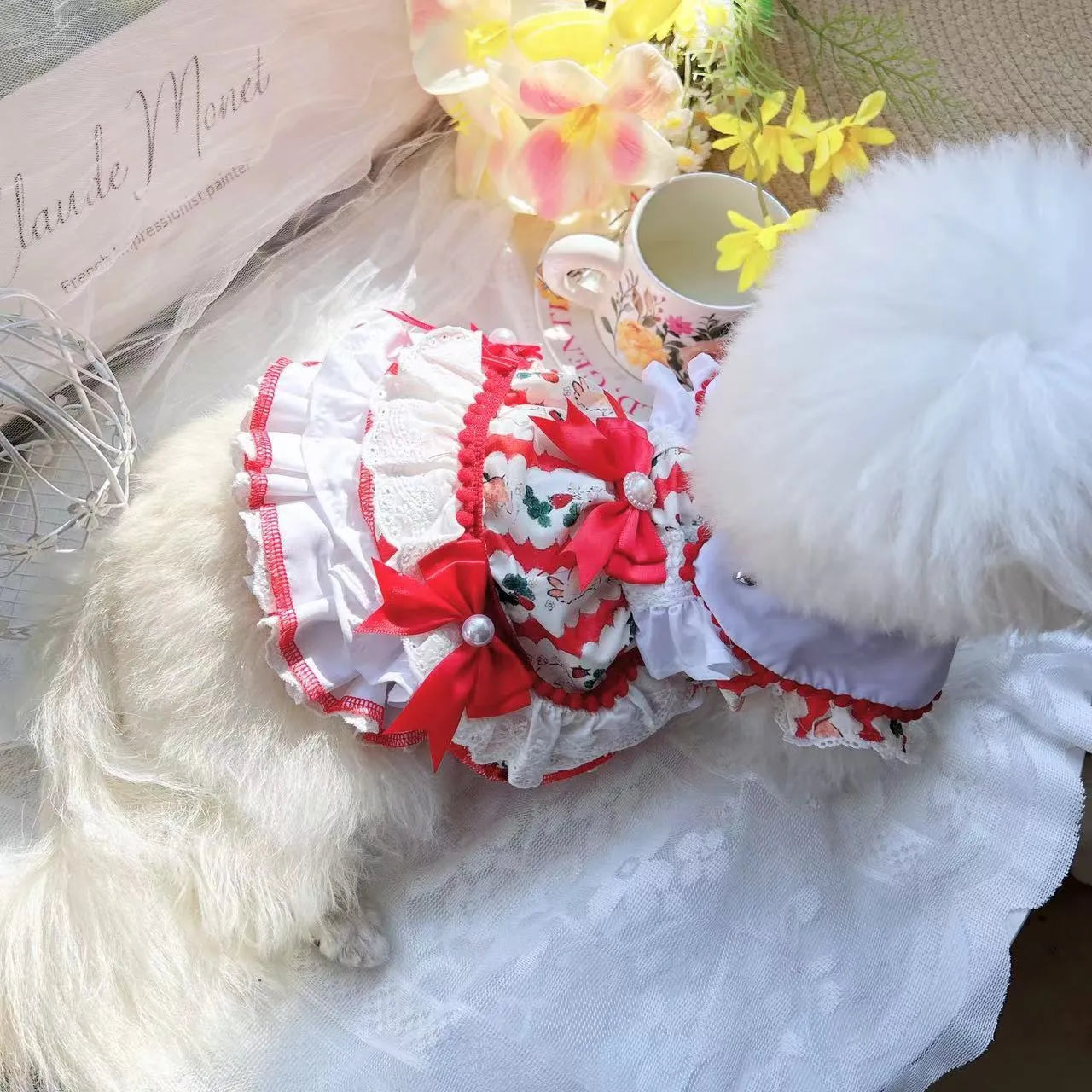 Polyester rabbit skirt princess dog dress shown on a small dog, with size chart for XS S M L XL.