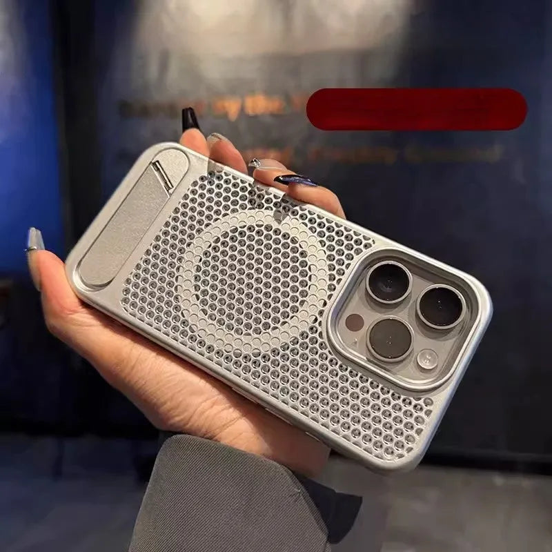 Magnetic suction breathable bracket phone case for Apple iPhone 16 Pro Max in titanium gray with metal acrylic build