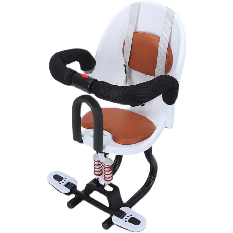 Front-mounted black child safety seat for an electric scooter, showing high carbon steel frame.