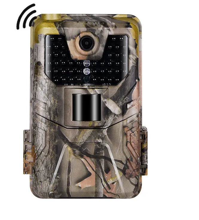 Camouflage outdoor Bluetooth trail camera with infrared LEDs for night vision, showing compact design.