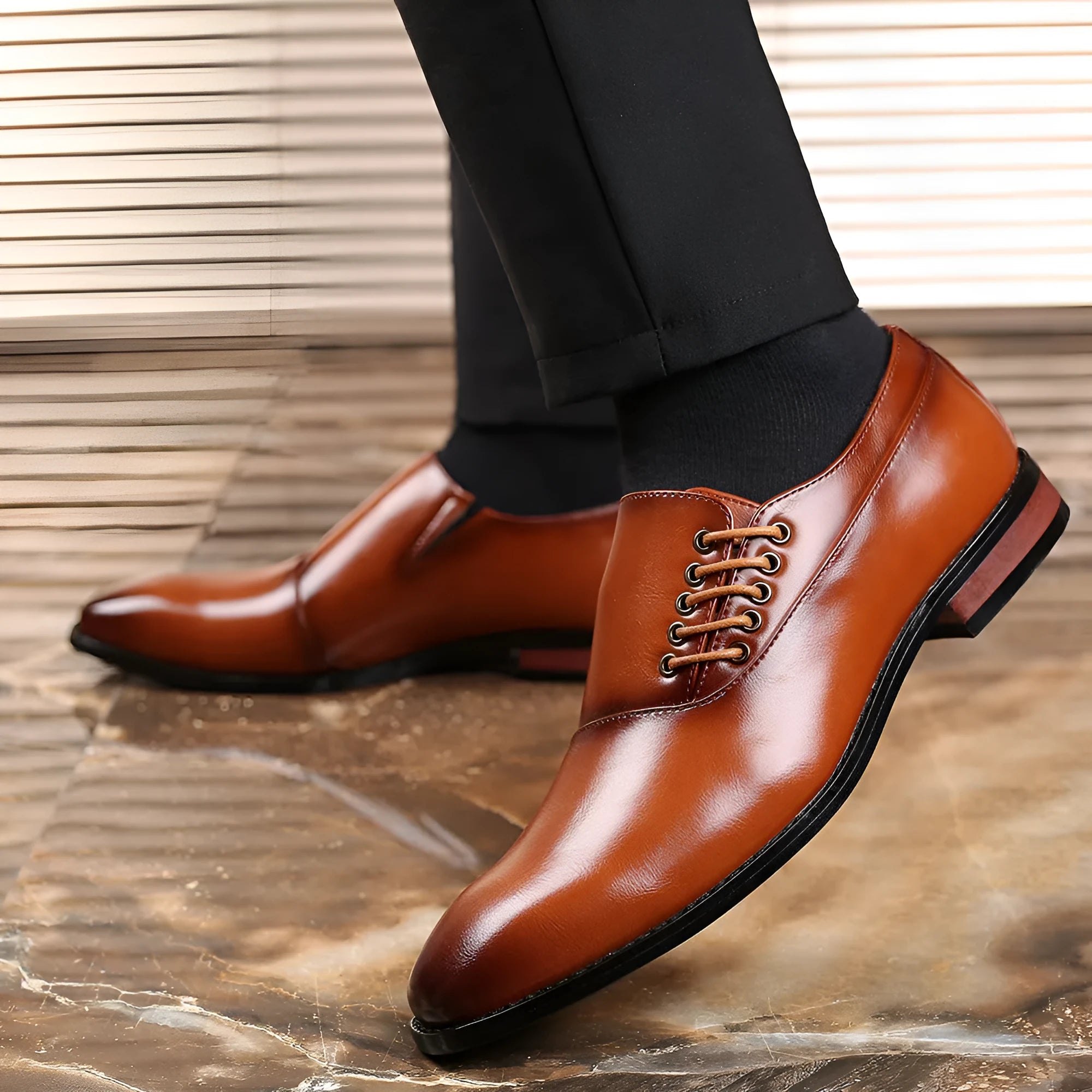 Men's square toe low-top lace-up shoes with leather stitching, available in black, red, and yellow, sizes 38-48