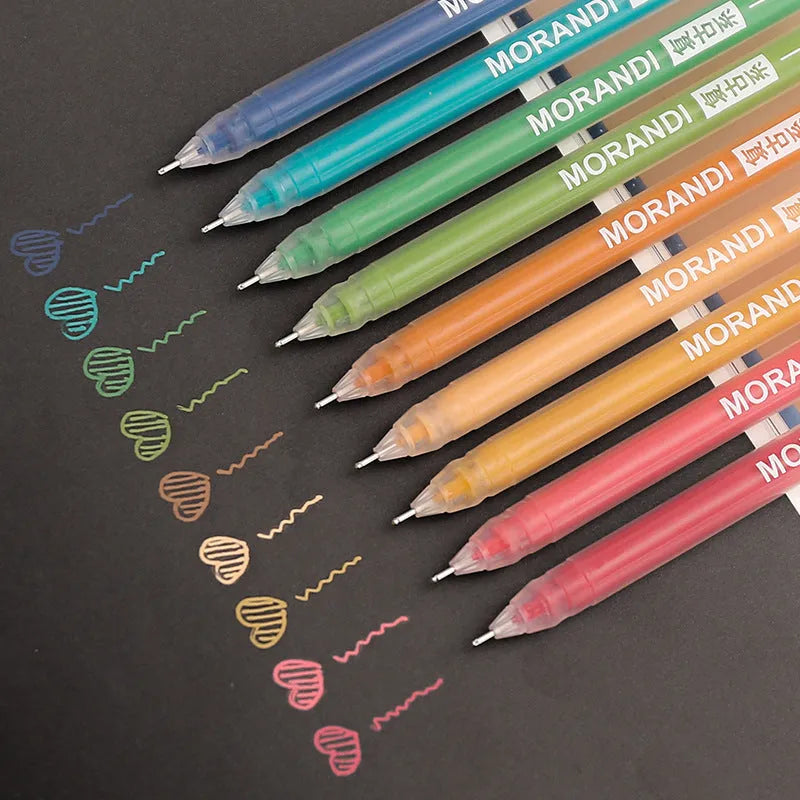 Set of nine retro Japanese colour gel pens with 0.5mm needle tips on white background