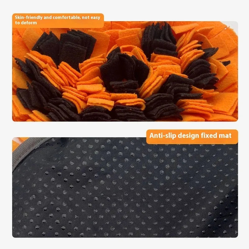 Orange polar fleece pet slow feeder mat with pumpkin-shaped woollen pads measuring 25cm by 34cm
