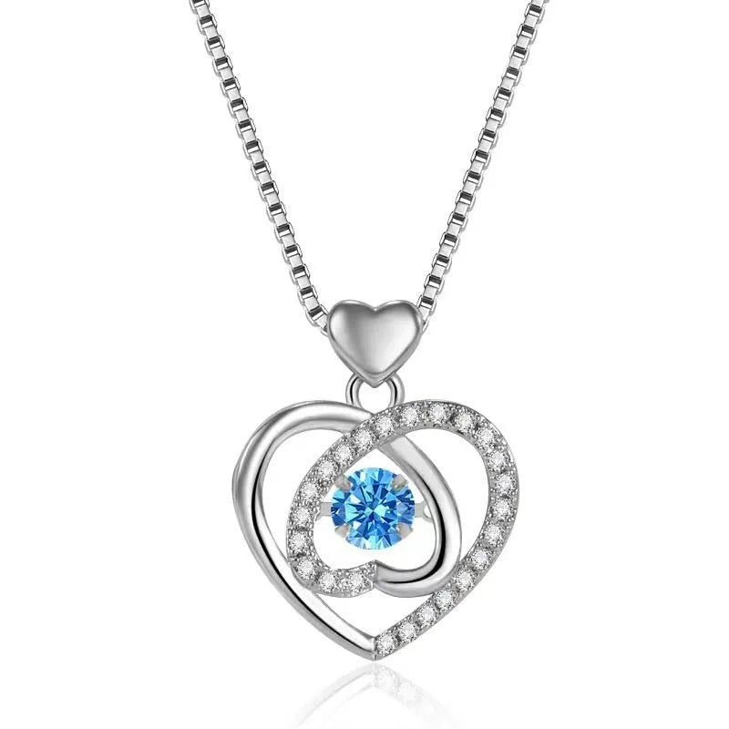 Blue diamond necklace and bracelet set with geometric love heart pendant on adjustable chain