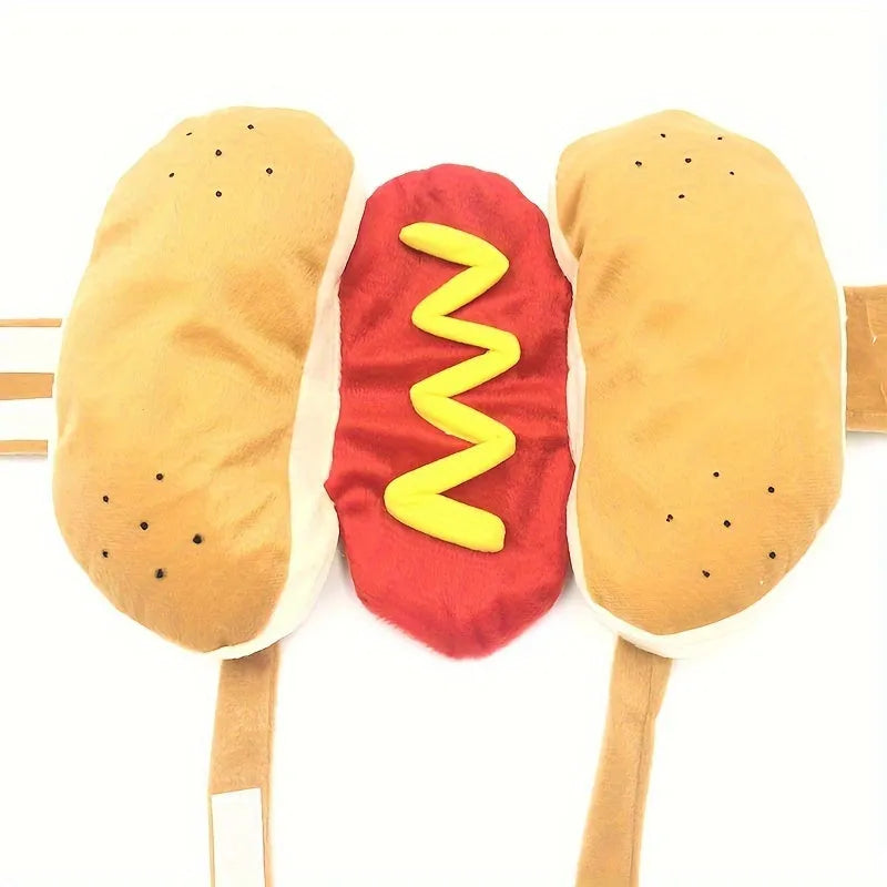 A dog wearing a stuffed hot dog costume coat in winter