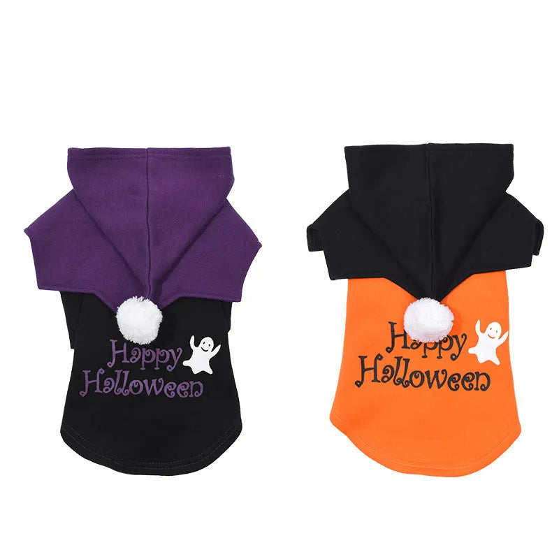 Orange and black two-piece Halloween dog costume with sweater and shawl showing pumpkin theme