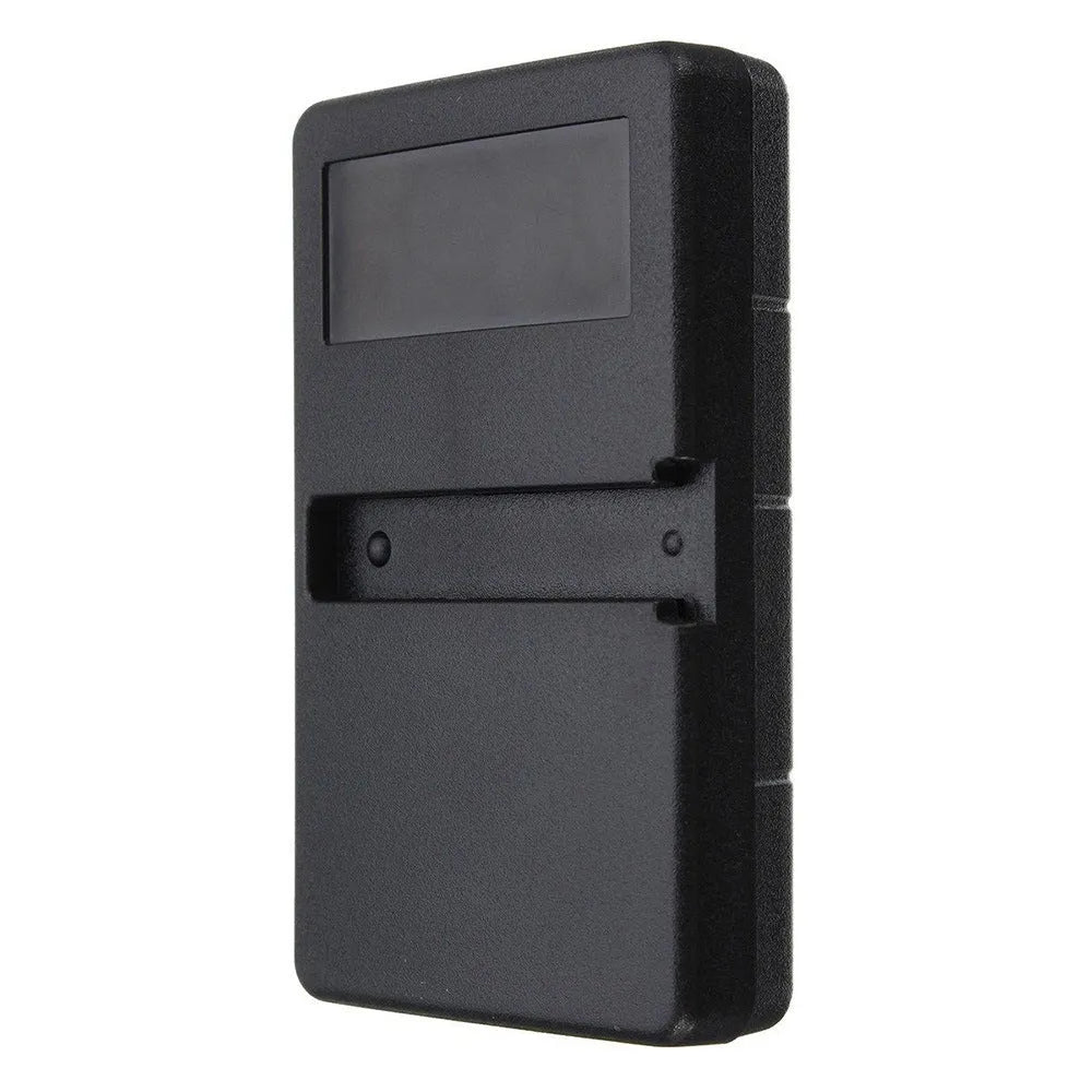 Black plastic three-button LiftMaster garage door remote control with green key, showing front view.