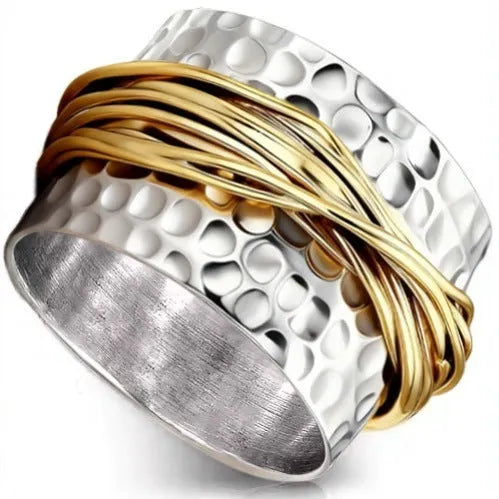 Alloy hammered metal coil ring with electroplated two-tone finish available in sizes 6 to 10