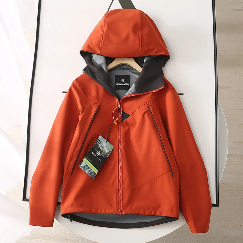 New outdoor feng shui loose polyester shell jacket in black on a hanger