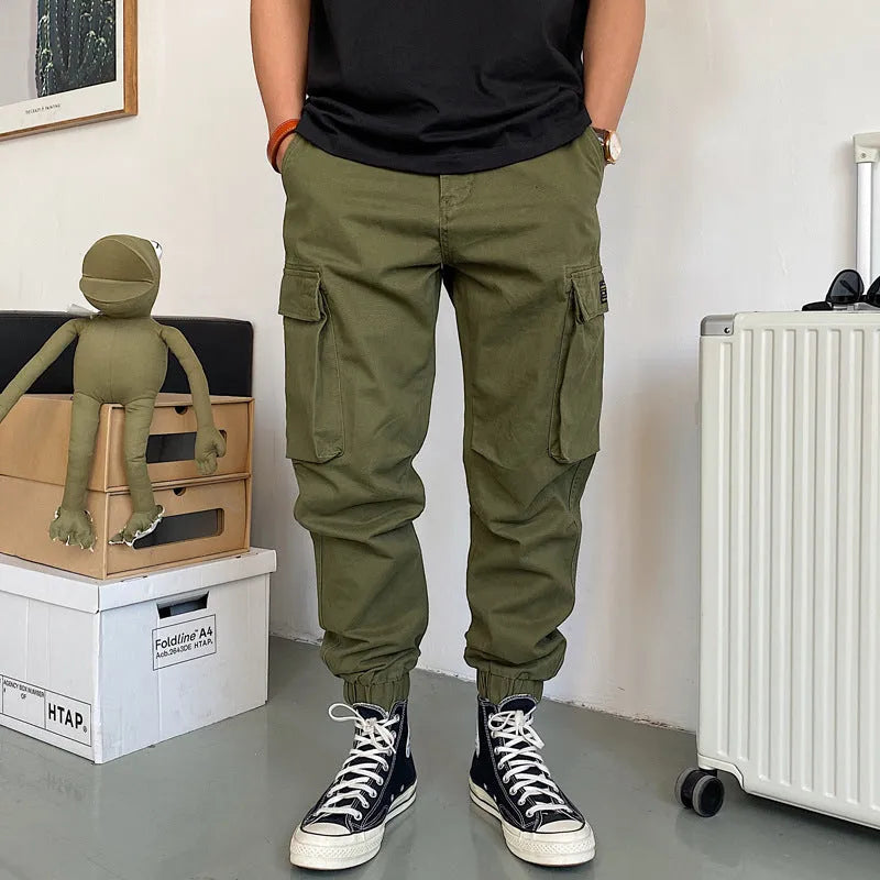 Men's pure cotton multi-pocket casual workwear pants in khaki with mid waist and ankle drawstring