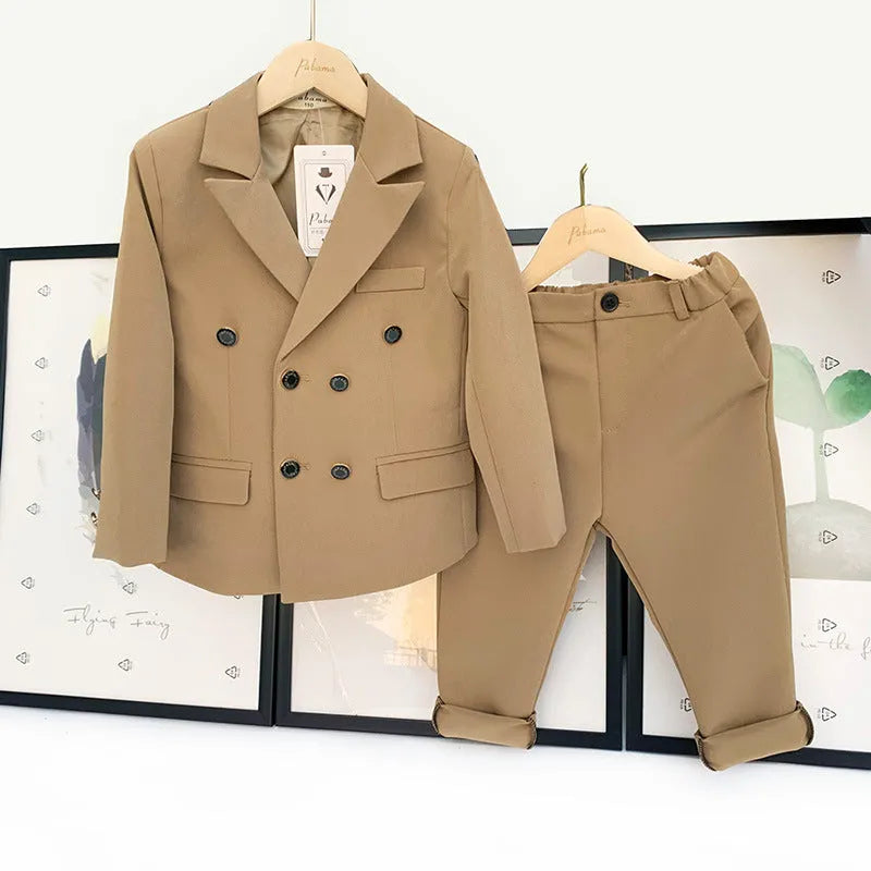 Children boys two-piece suit with long-sleeve shirt and trousers in solid colour cotton blend spring wear