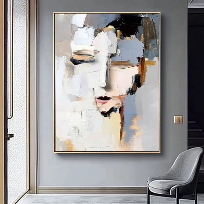 Abstract woman portrait hand-painted oil painting on canvas, black and white, modern wall art for living room
