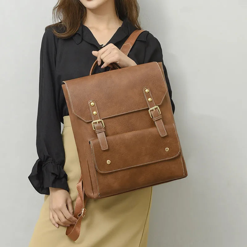 Korean style retro simple backpack in soft PU material with ventilation features