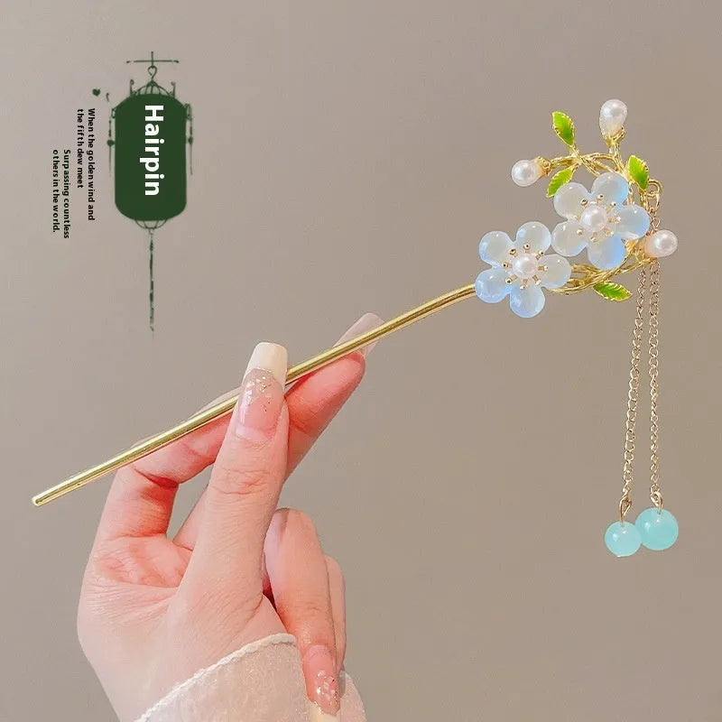 Chinese style ebony hairpin with electroplated alloy and floral ancient design