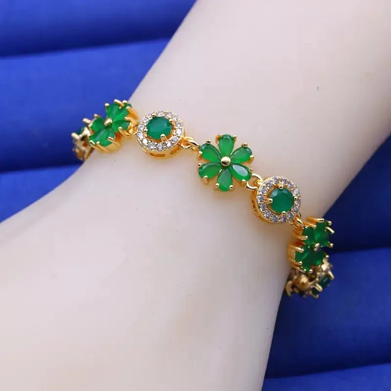 Real gold plated green zircon flower bracelet on copper base with micro inlay detail