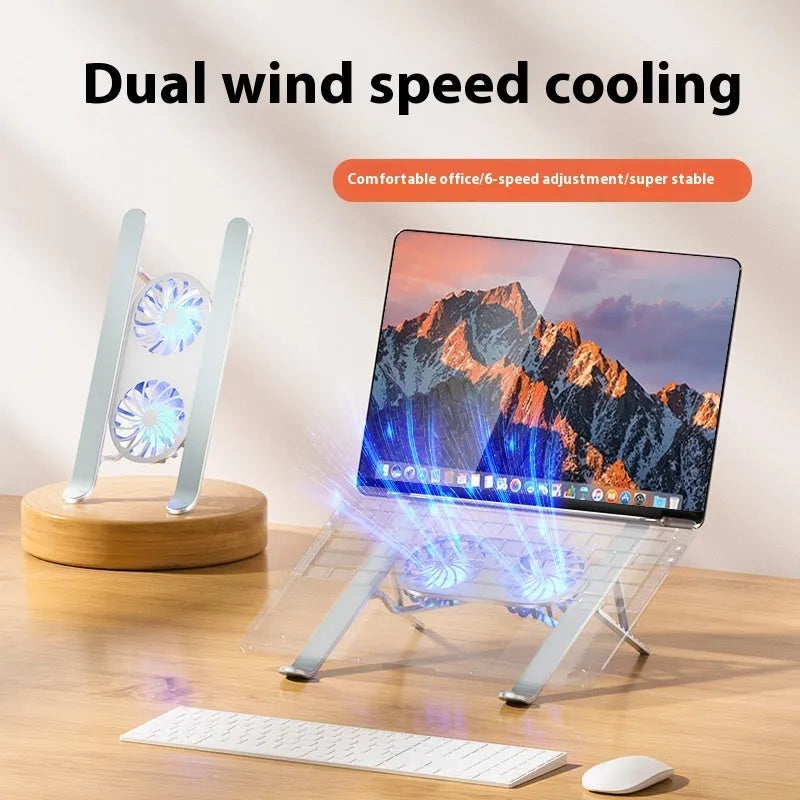 Silver aluminium alloy laptop cooling stand with dual fans in a raised, open position on a desk.
