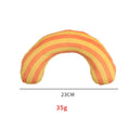 Striped pattern cat pillow toy with built-in noise maker and catnip strip measuring 23x20cm
