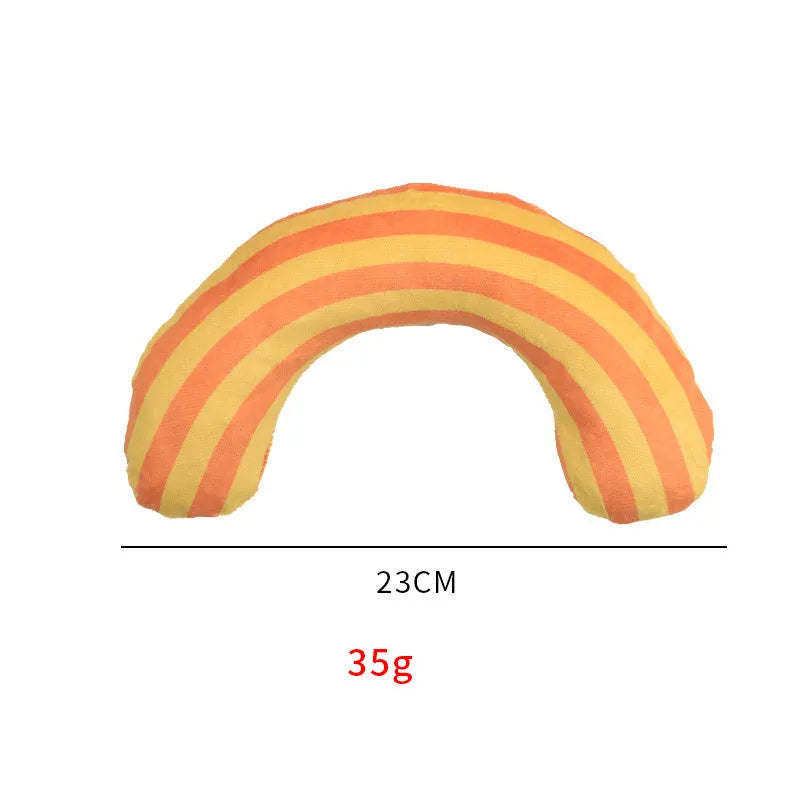 Striped pattern cat pillow toy with built-in noise maker and catnip strip measuring 23x20cm