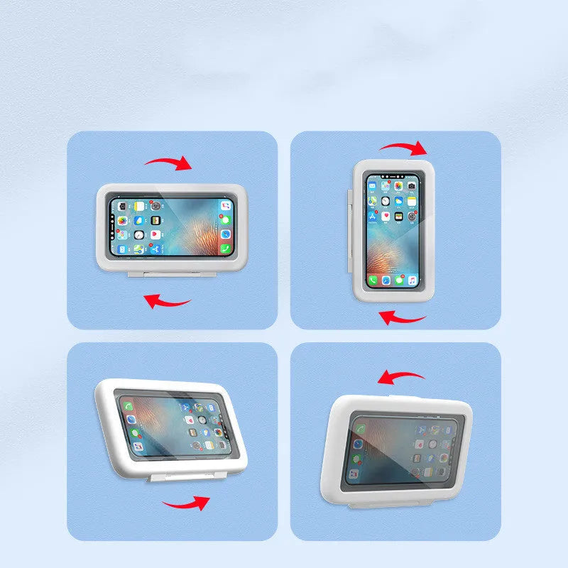 Waterproof shower phone case with touch screen mounted on bathroom tile holding mobile phone