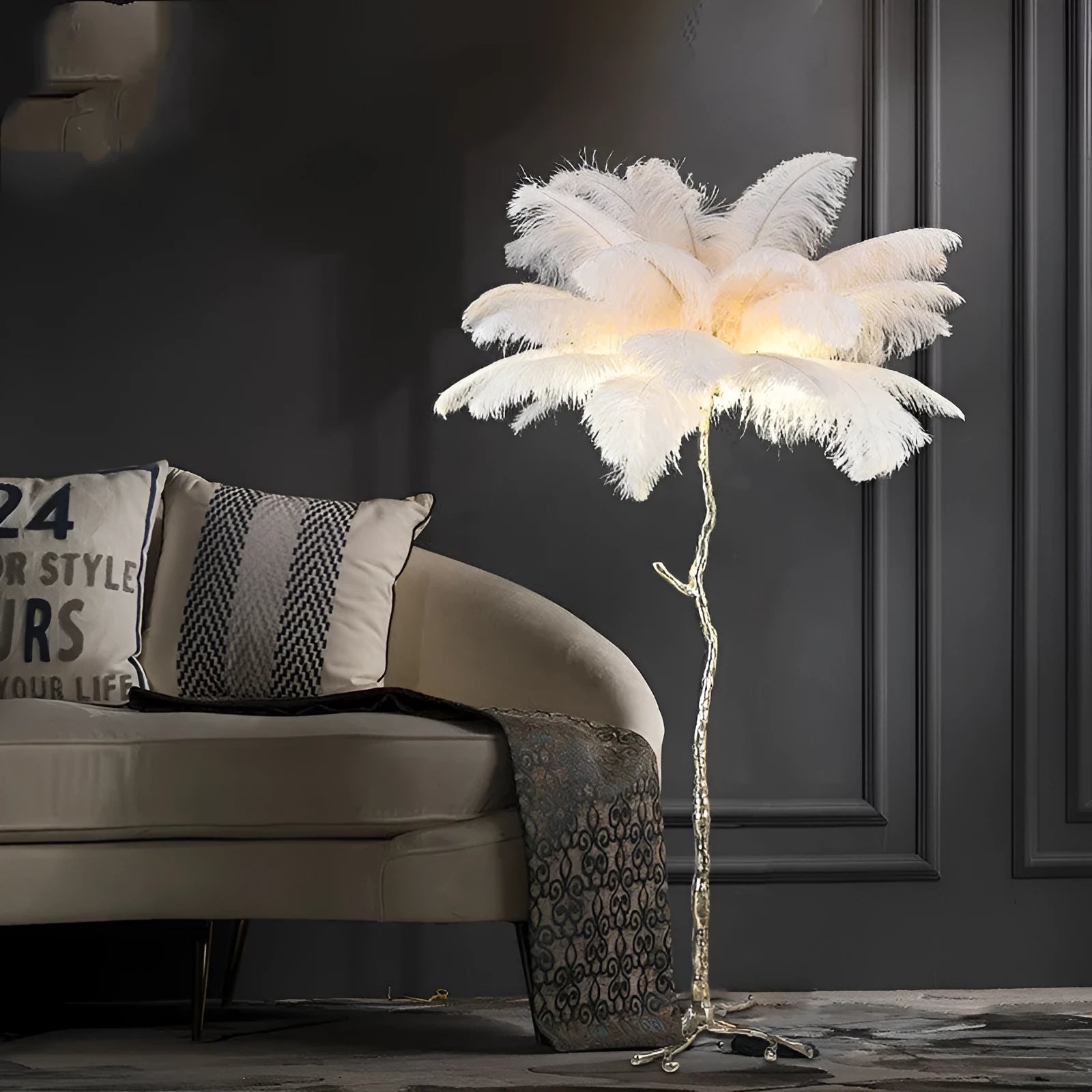 Nordic floor lamp with white feather shade and copper base, 170cm tall, placed in a living room corner