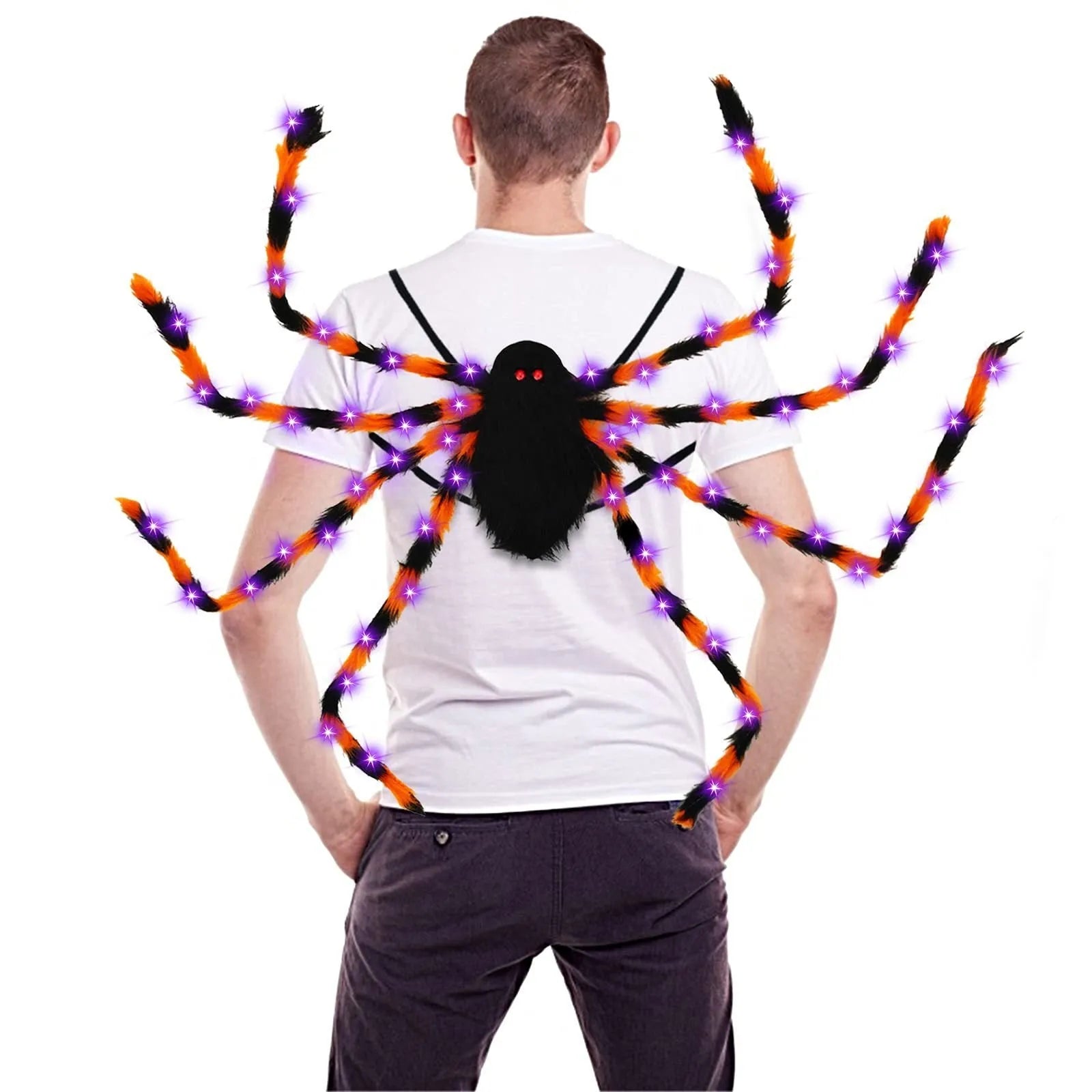 Halloween spider backpack with LED lights in plush sugar bag material showing colour variations
