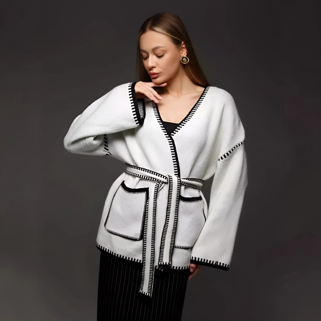 Loose mid-length knitted cardigan in imitation cashmere fabric with lace-up front