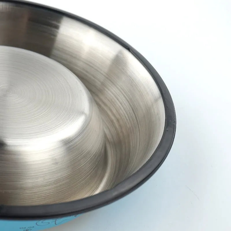 Stainless steel dog bowl with colour printing and anti-skid base in 22cm size blue colour