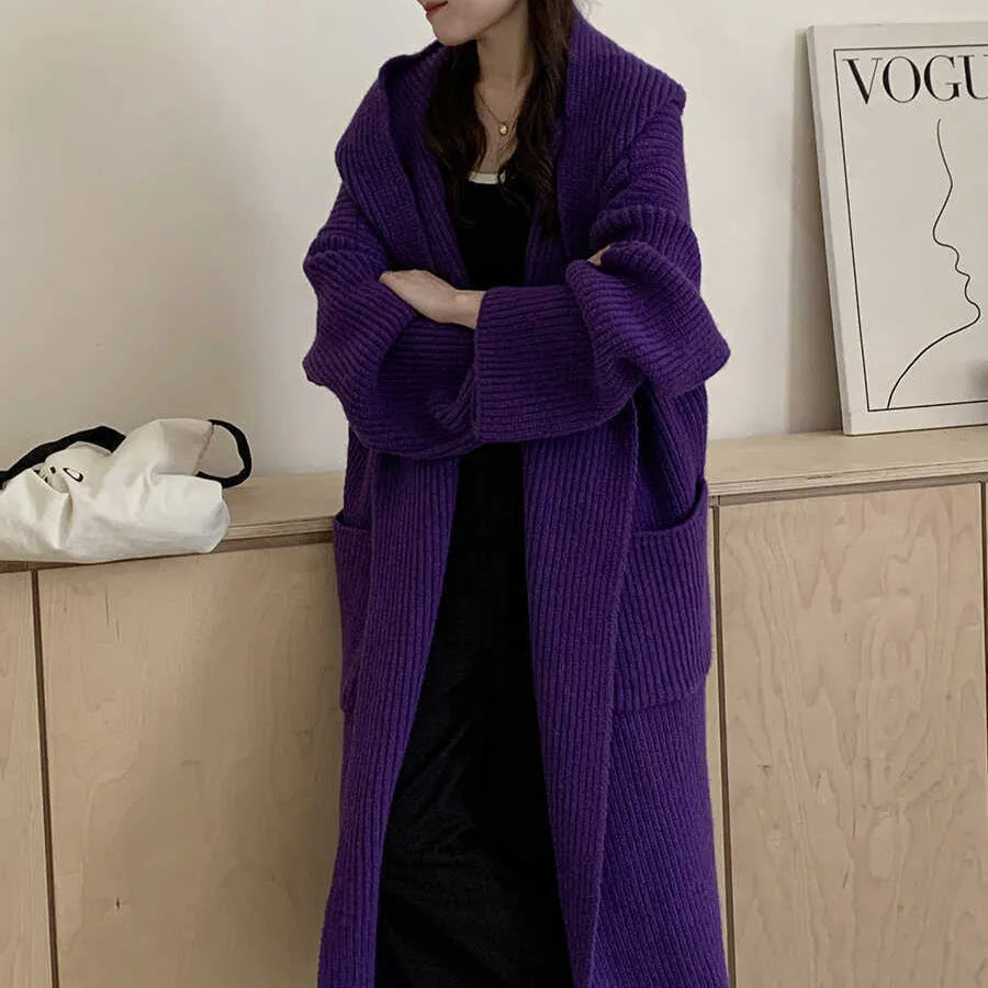 Women's loose hooded sweatshirt cardigan in acrylic fabric with 80cm length and raglan sleeves