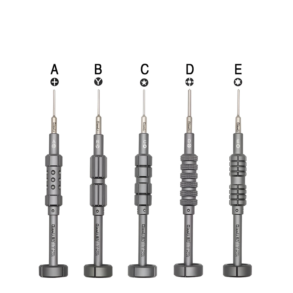 Grenade-shaped aluminium handle iPhone repair screwdriver with five bits including T2 cross triangle tail screw.