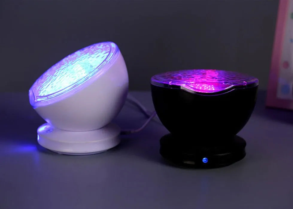 Ocean wave projector LED night light in white and blue with remote control