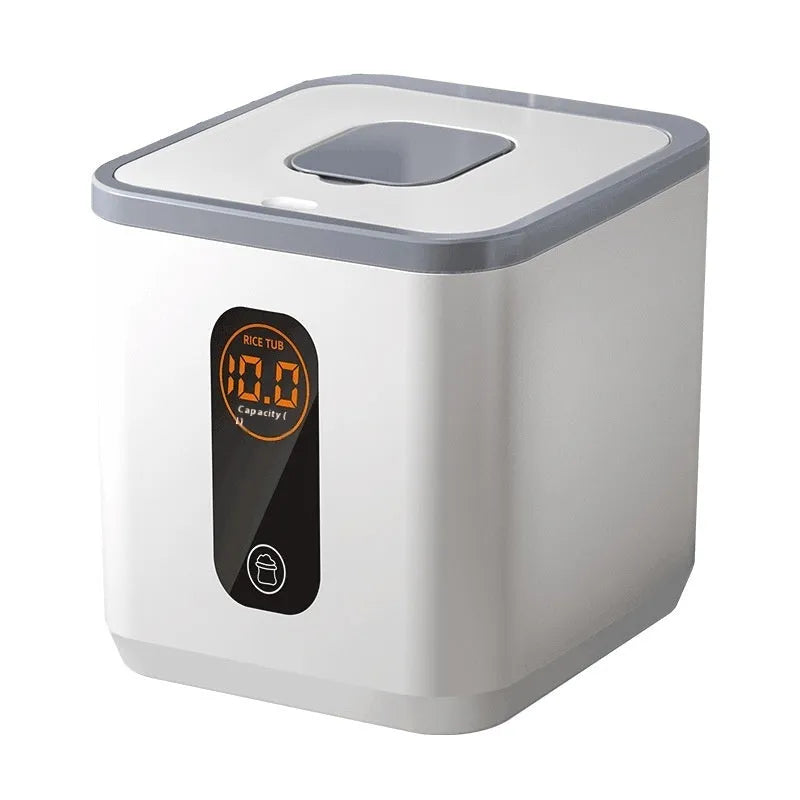 Grey plastic rice storage jar with lid and a measuring cup, for 10kg 20kg or 30kg capacity.