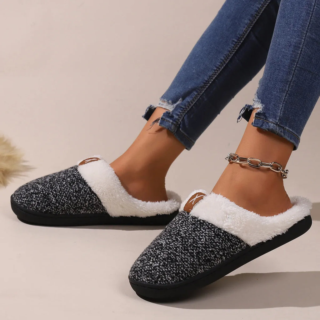 Winter plush slippers with thick bottom and round toe in burgundy, black, and light gray