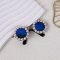 Pearl-rimmed round sunglasses on a cat or dog, shown in blue, black, coffee, orange, and purple colour options.