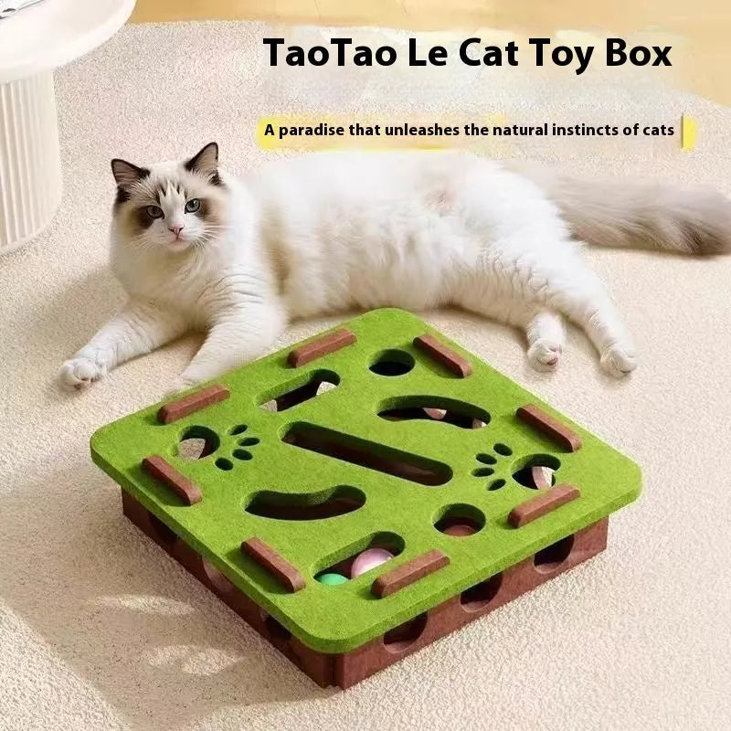 Square green brown felt cat toy box with a round hole in the centre.
