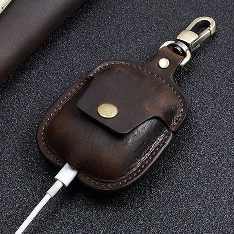 Protective leather earphone cover with buckle in dark brown for AirPods