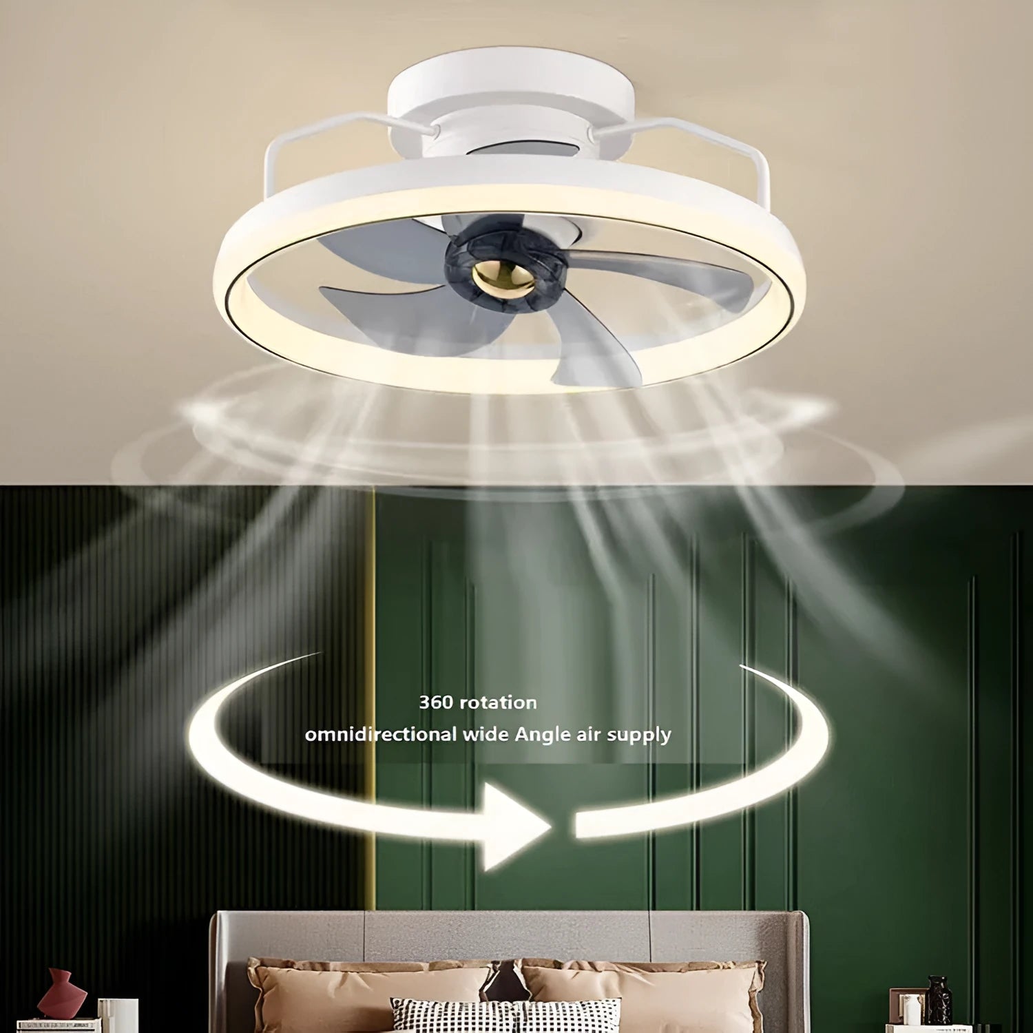 Modern ceiling fan lamp with integrated light, 500mm diameter with white acrylic shade and PC blades.