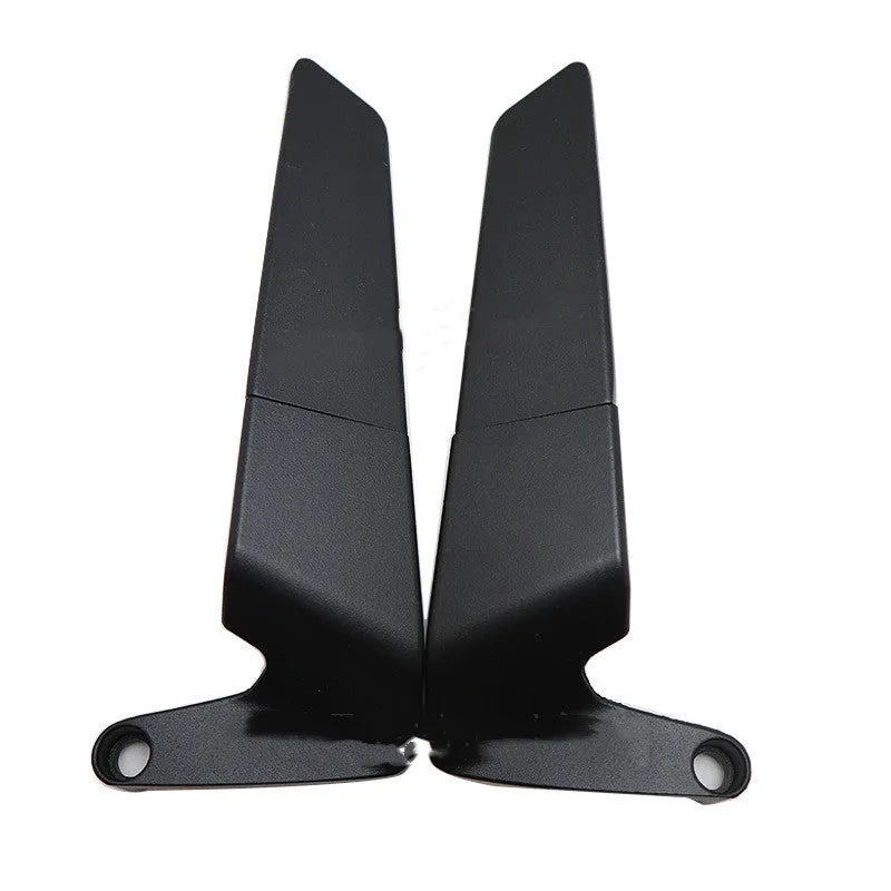 Pair of black aluminium alloy and glass universal motorcycle rearview mirrors with spoiler design on a white background