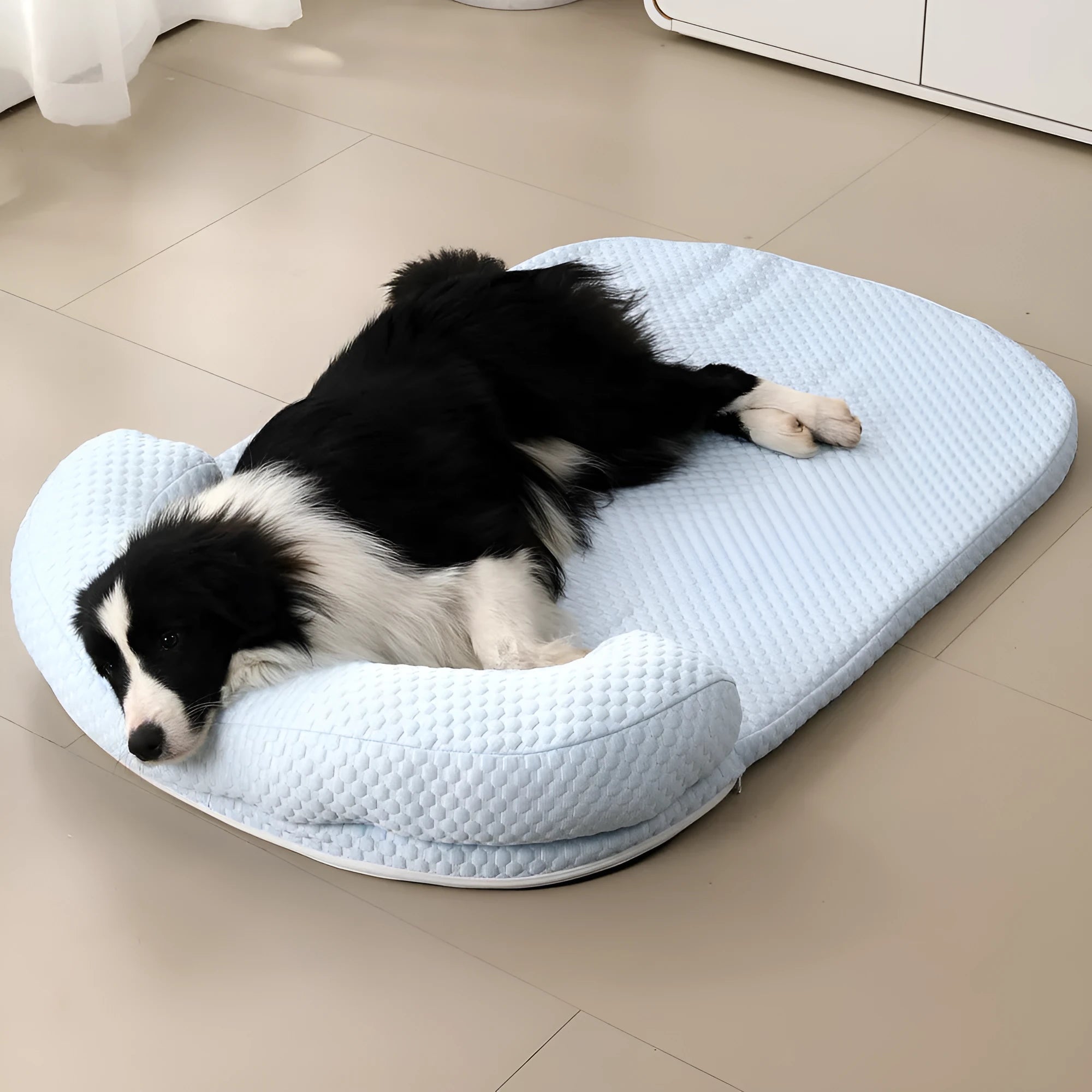 Summer pet cooling mat with ice peas filling in blue cloth, available in multiple sizes for dogs