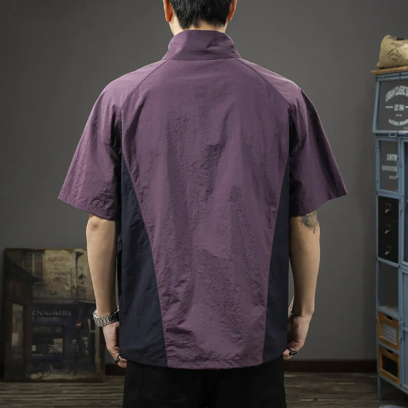 Men's brown half-zip stand collar business casual shirt with short sleeves