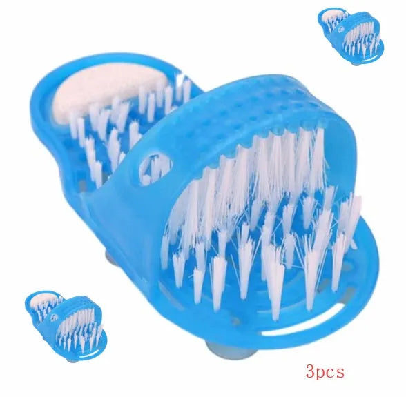 Blue shower feet slipper with suction cups and built-in pumice stone on a wet shower floor