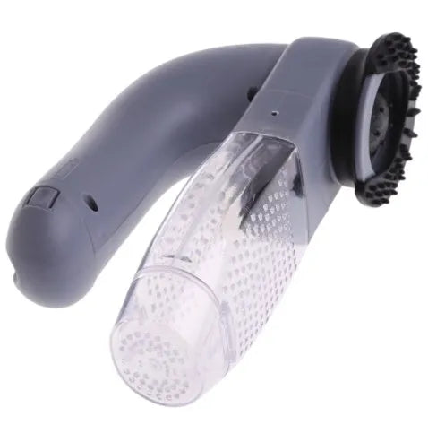 Grey handheld electric pet hair vacuum cleaner with soft rubber brush head for grooming dogs and cats