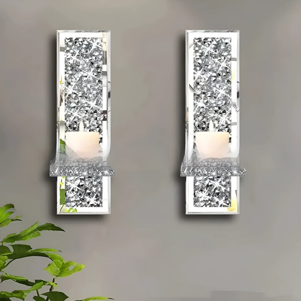 Silver mirror finish glass wall candlestick pair with modern design for living room decoration