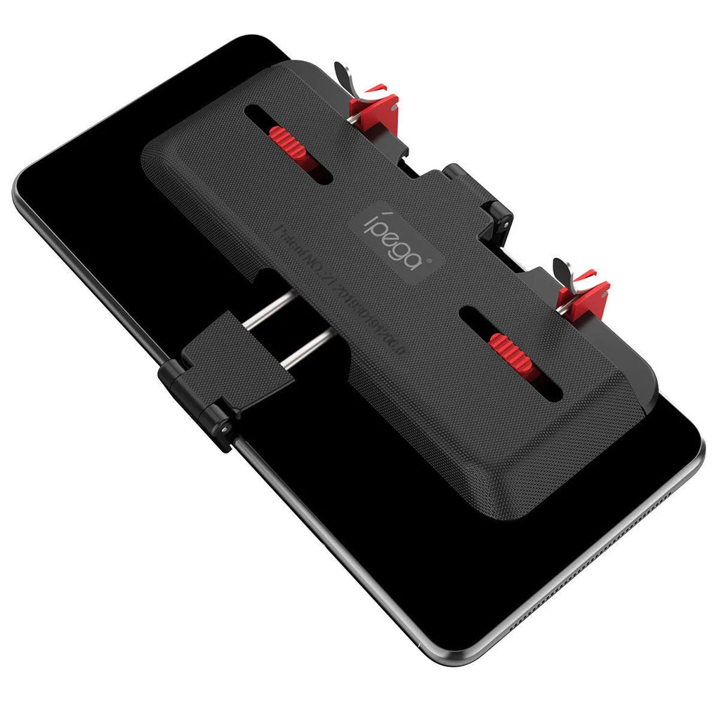 Black mobile phone game trigger handle bracket showing adjustable sliding trigger and telescopic fixing clip.