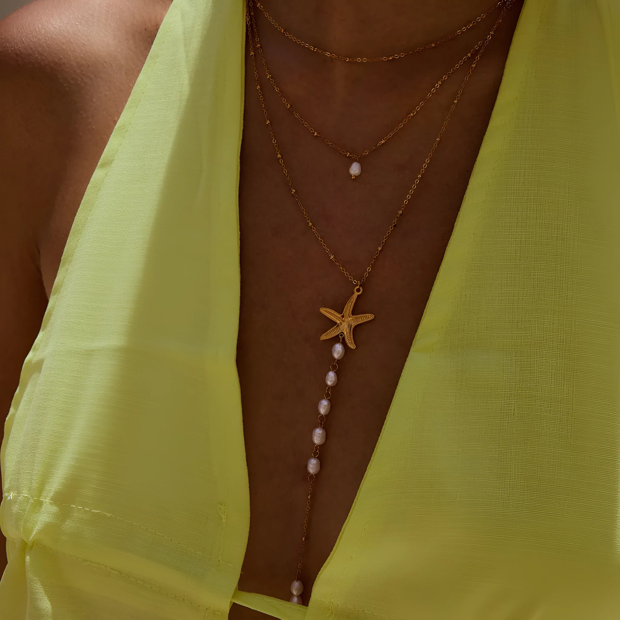 European American pearls necklace titanium steel twin starfish pendant 18K gold stainless steel chain