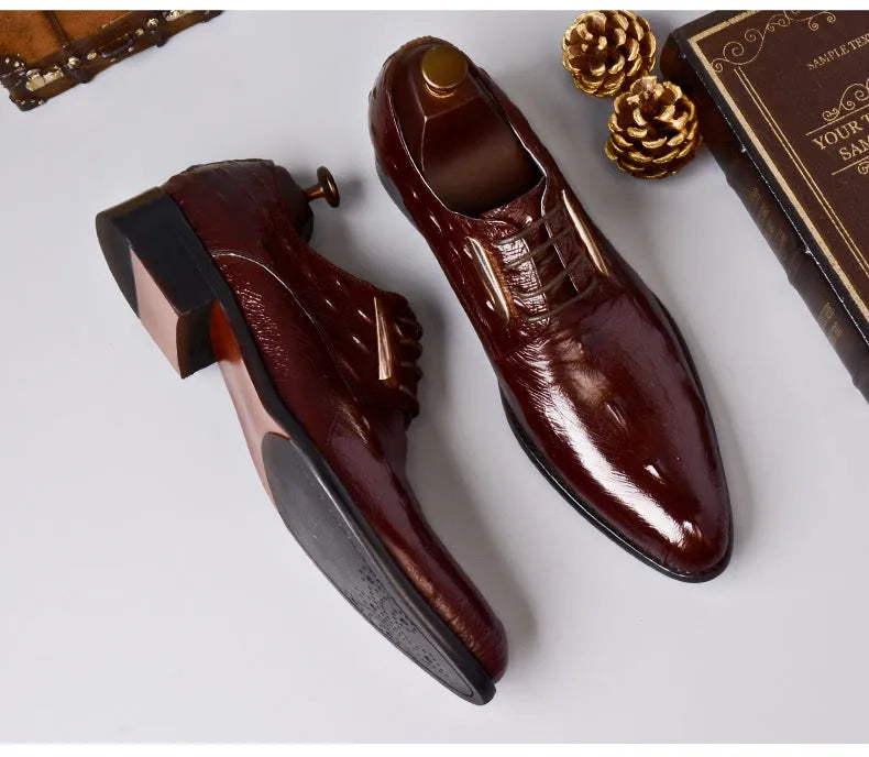 New crocodile men's genuine leather oxford brogue dress shoes in black and wine red sizes 37 to 46
