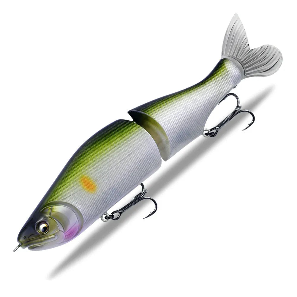 185mm plastic bass fishing swimming bait showing colour options and length measurement
