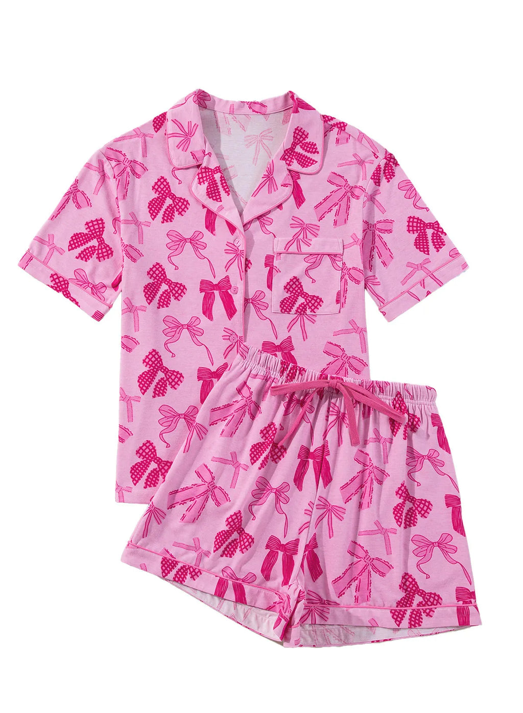 Pink floral bow print women's pyjama two-piece set on a hanger.