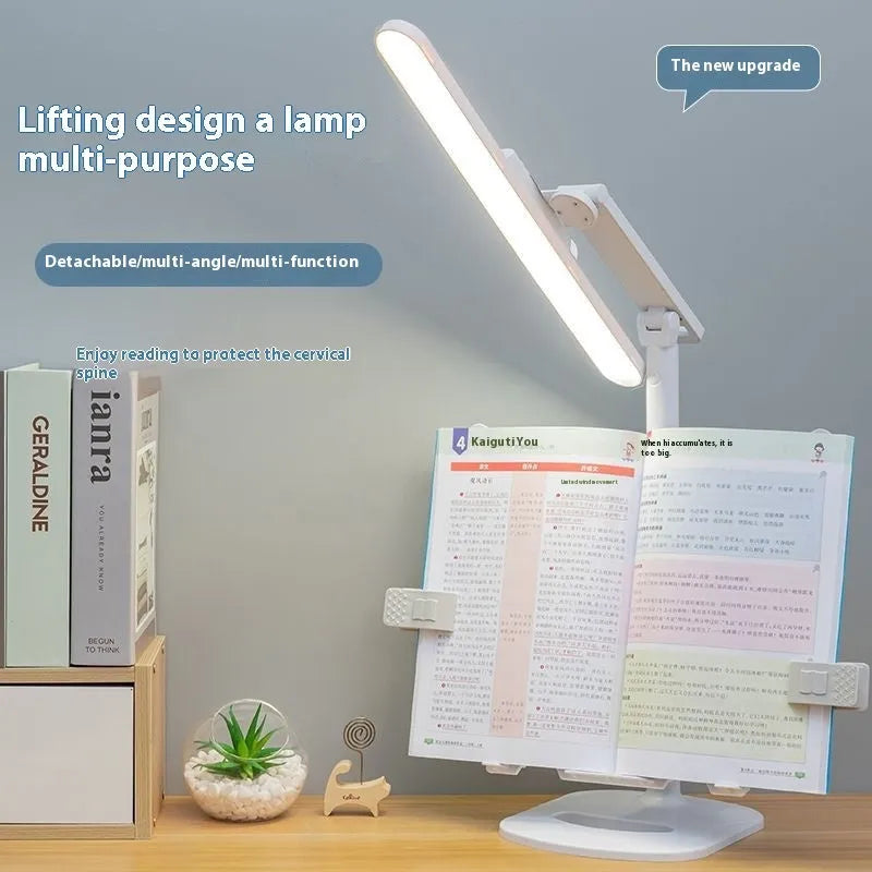Adjustable multifunctional table lamp with an integrated bookshelf shelf on a wooden desk.