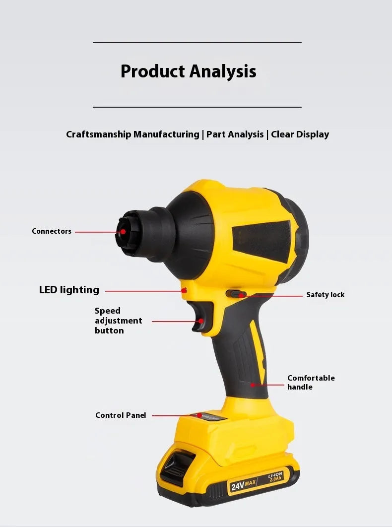 Yellow cordless dust gun with 680W power rating for office and electronic equipment cleaning